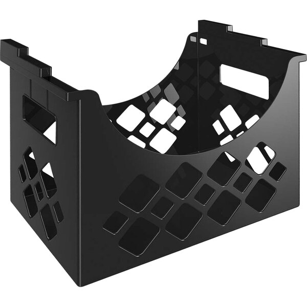 A black plastic Deflecto desktop hanging file holder with holes.