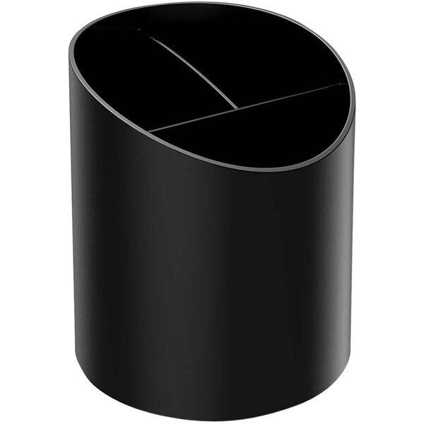 A black cylindrical Deflecto pencil cup with three compartments.