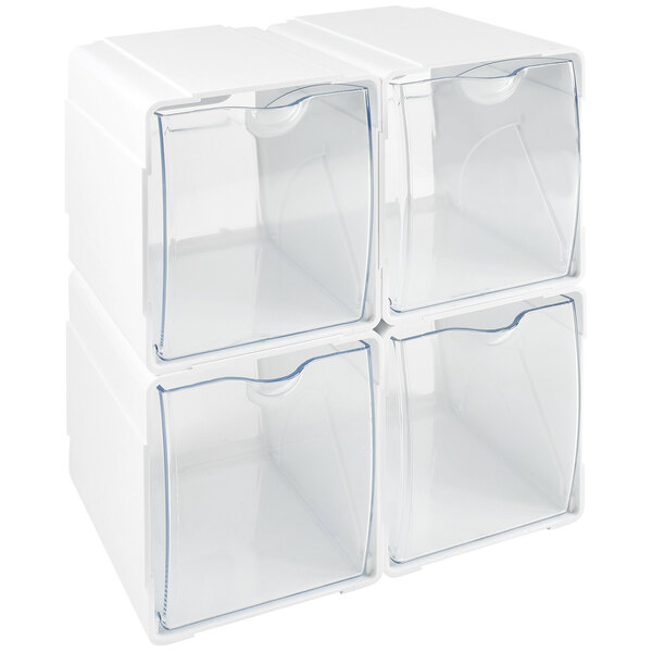 A white plastic Deflecto interlocking tilt-bin organizer with clear plastic containers.