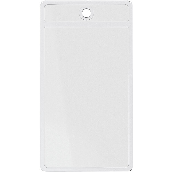 A white rectangular Deflecto clear flexible pouch with a white border and a hole in the middle.