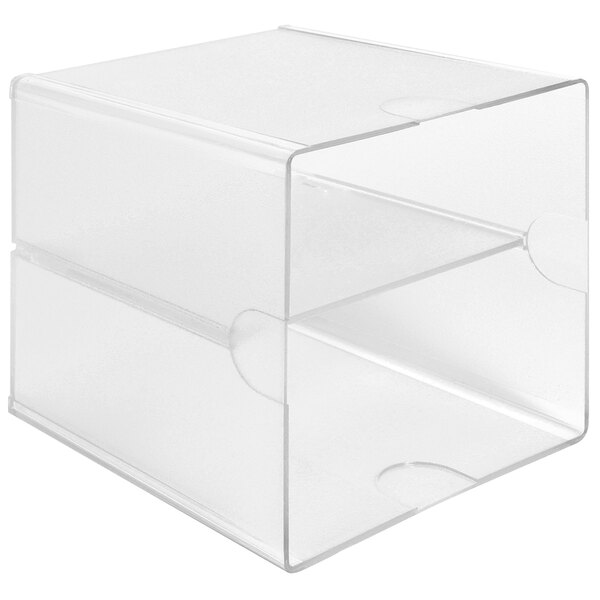 A clear plastic shelf with one compartment.