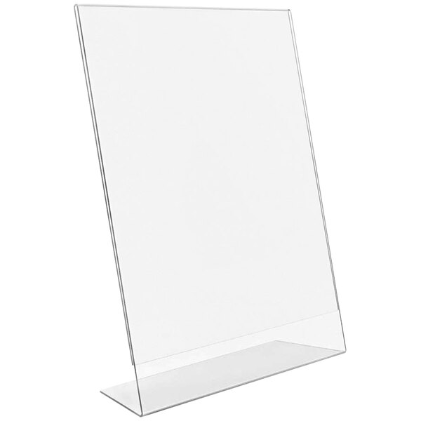A clear acrylic Deflecto slanted sign holder on a white background.