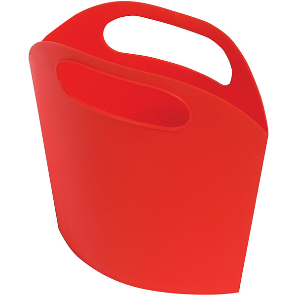 A red Deflecto antimicrobial plastic tote with a handle.