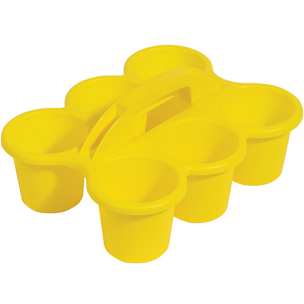 A yellow Deflecto kids caddy with six cups.