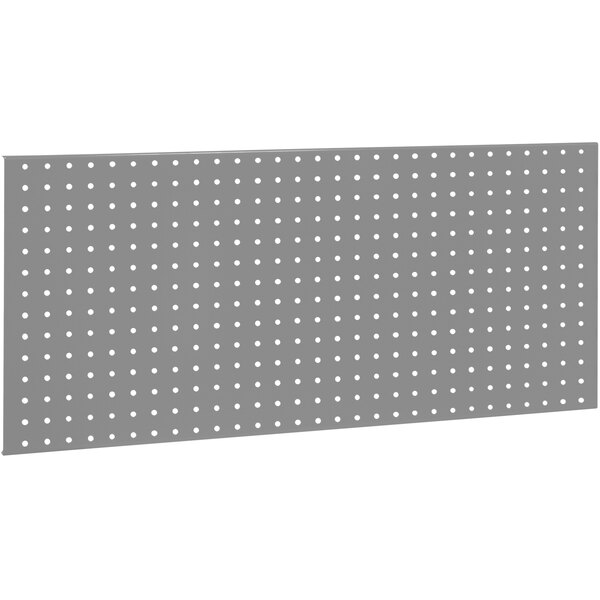 A gray BenchPro steel pegboard with holes in it.
