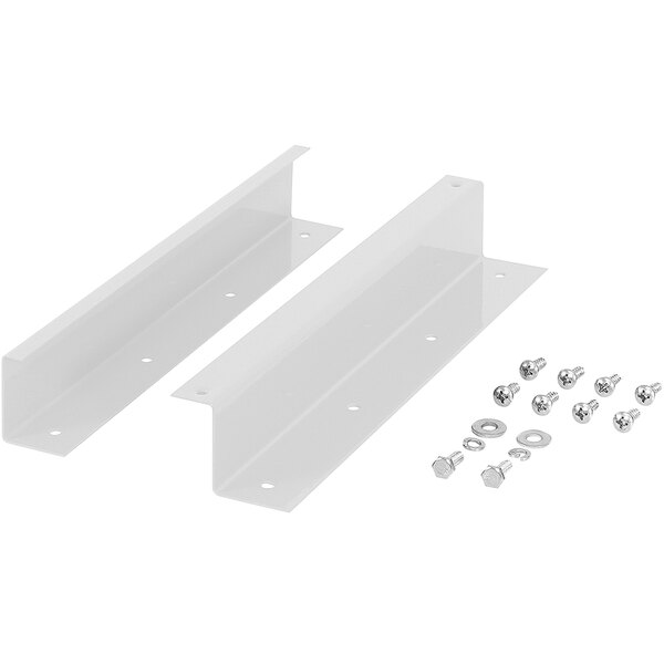 A pair of white plastic brackets with screws and nuts.