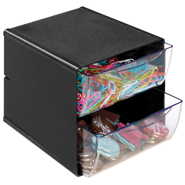 A black Deflecto stackable organizer cube with two drawers.