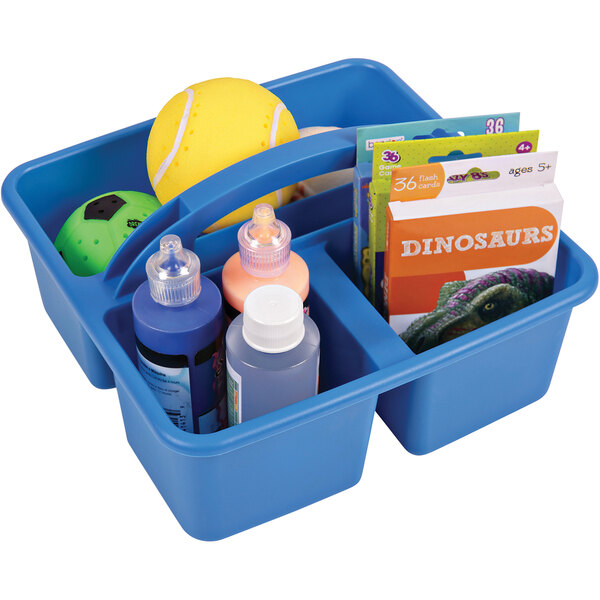 A blue Deflecto Kids storage caddy with toys and bottles inside.