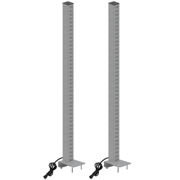 A pair of gray metal uprights with a rectangular white top and holes.