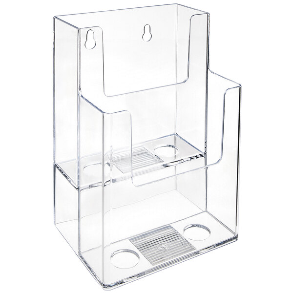 A clear plastic Deflecto 2-tier magazine holder with two compartments.