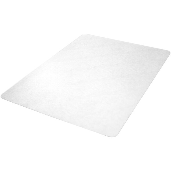 A clear rectangular Deflecto chair mat with straight edges.