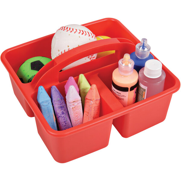 A red Deflecto kids storage caddy holding a variety of art supplies.
