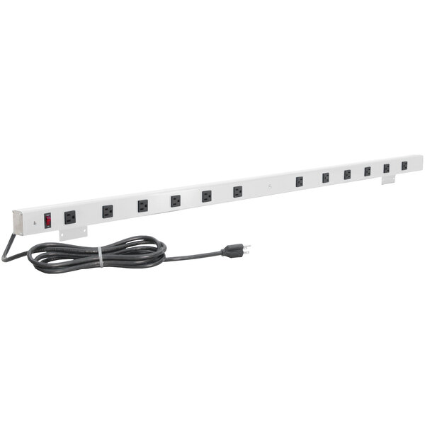 A BenchPro white mountable power strip with black outlets and a black cord.