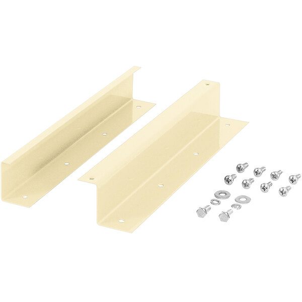 A pair of beige metal BenchPro brackets with screws and nuts.