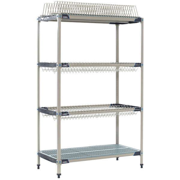 A MetroMax i stationary drying rack shelf kit with three wire shelves on it.