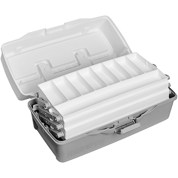 A white plastic container with three compartments.