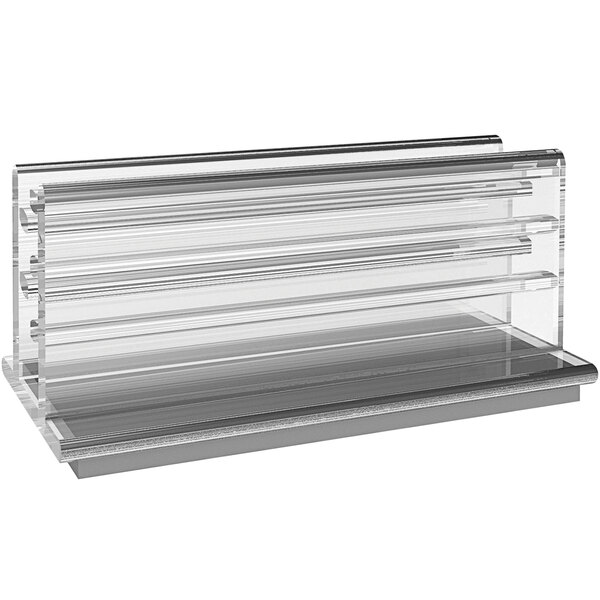 A clear plastic shelf with a rectangular clear plastic sign holder on it.