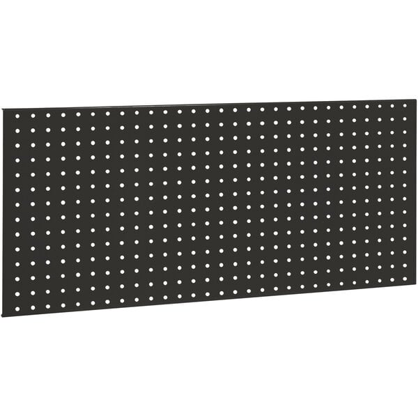 A black BenchPro steel pegboard with holes.