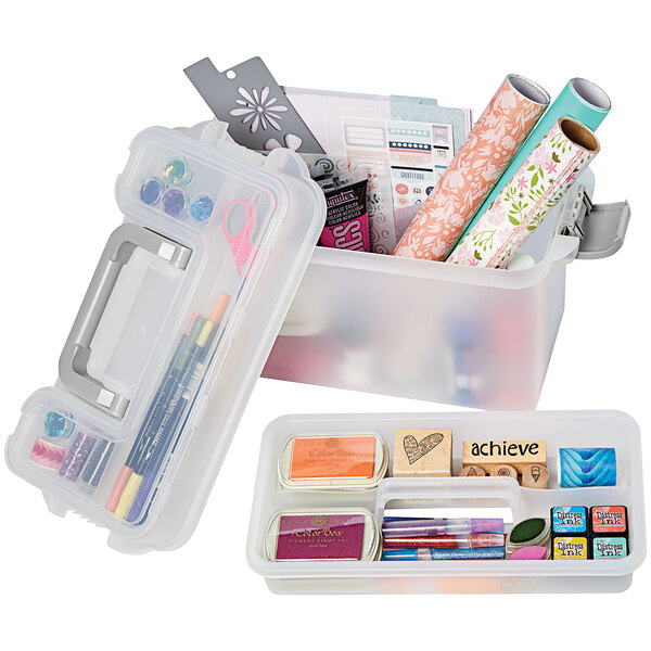A clear plastic Deflecto multi-compartment storage box filled with craft supplies.