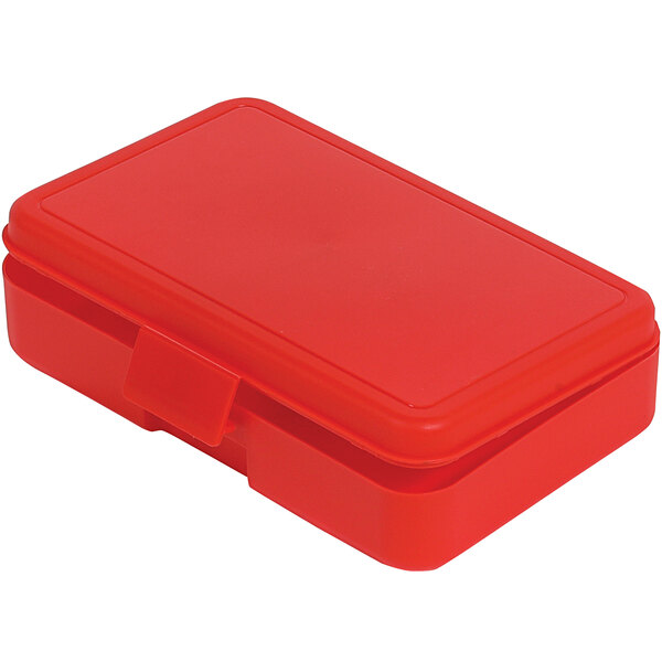 A red plastic Deflecto kids pencil box with a lid.