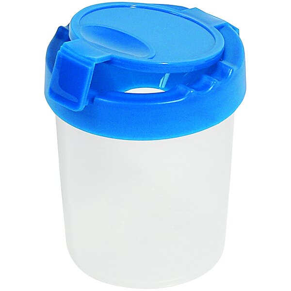 A blue plastic container with a blue lid and clip.