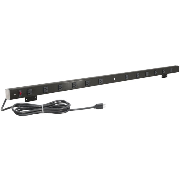 A BenchPro black rectangular power strip with a long cord and multiple outlets.