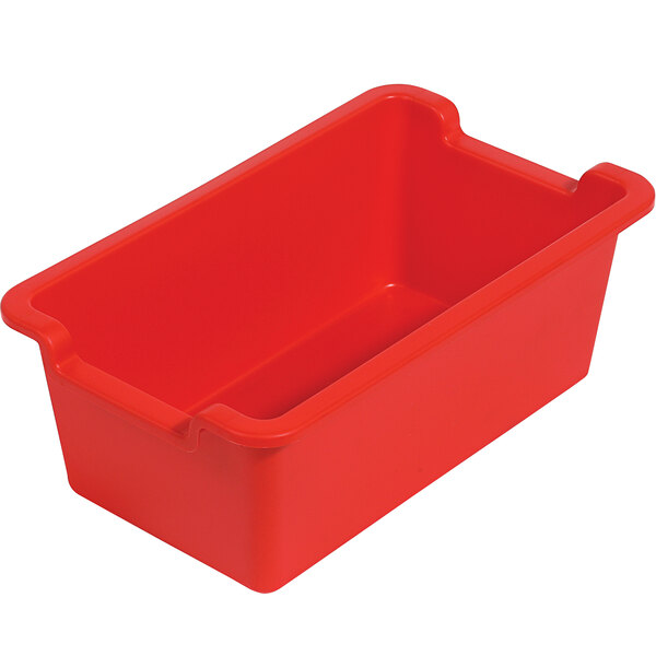 A red rectangular Deflecto Kids storage bin with a handle.