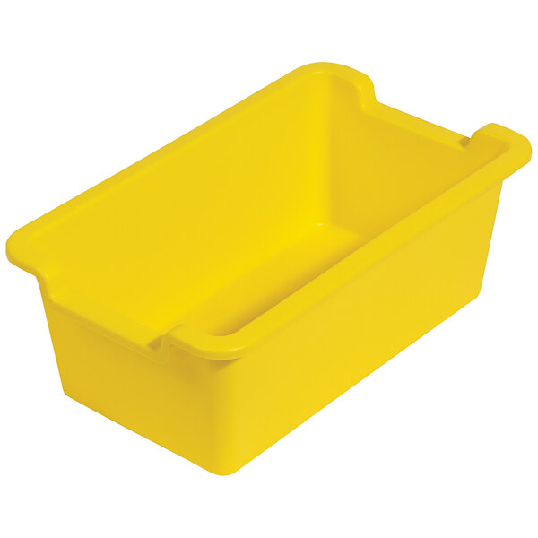 A yellow plastic Deflecto rectangular storage bin with a handle.