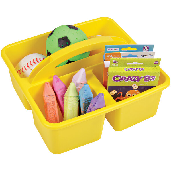 A yellow Deflecto kids storage caddy with yellow and pink objects inside.