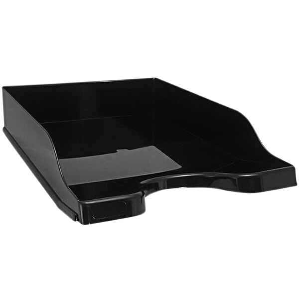 A black plastic Deflecto document tray.