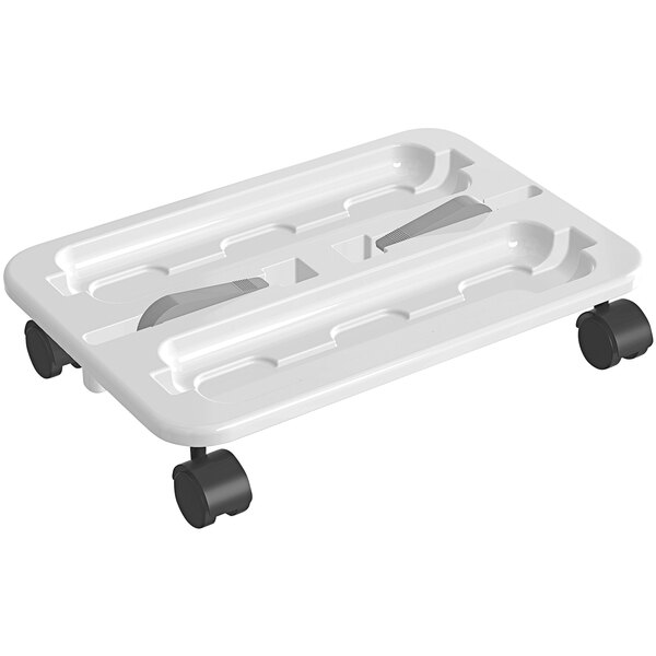 A white plastic tray with black wheels.
