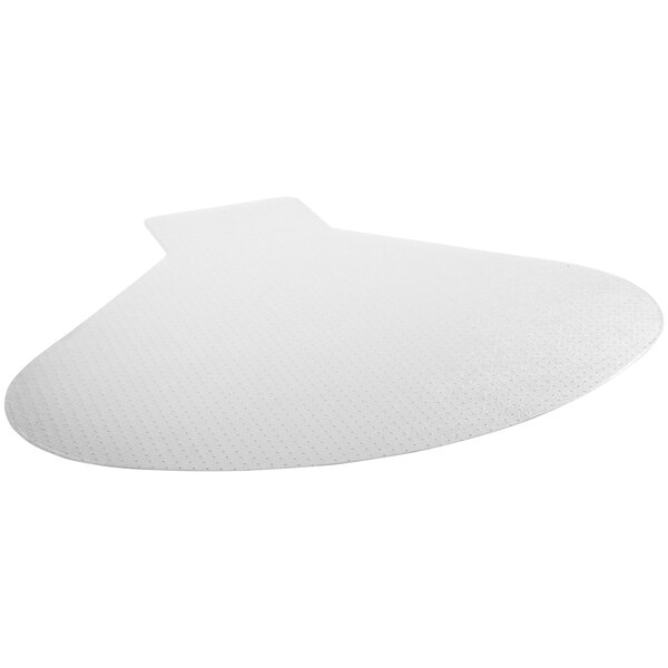 A clear vinyl chair mat with a beveled edge over a white carpet.