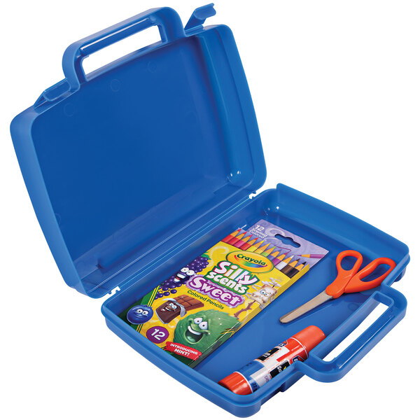 A blue Deflecto kids storage case on a table with scissors and pencils inside.