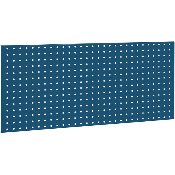 A dark blue steel pegboard with white dots.