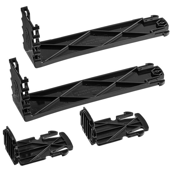 A set of two black Deflecto plastic brackets with a triangle design and holes.