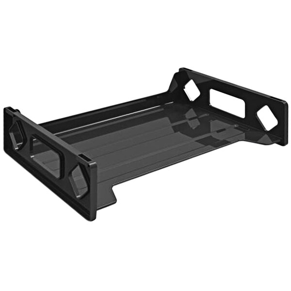 A black plastic Deflecto letter size desk tray with handles.