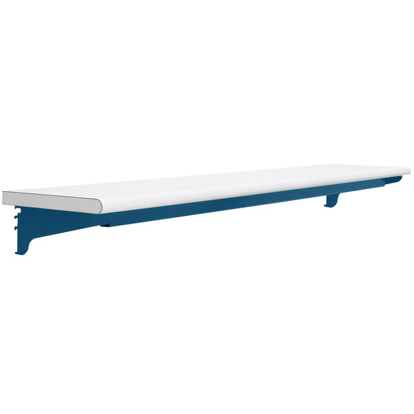 A white rectangular BenchPro shelf with blue trim.