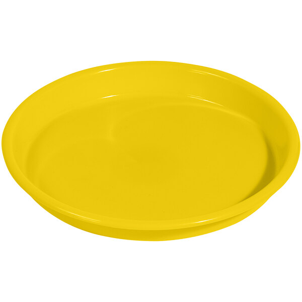 A yellow plastic tray with a lip on a white background.