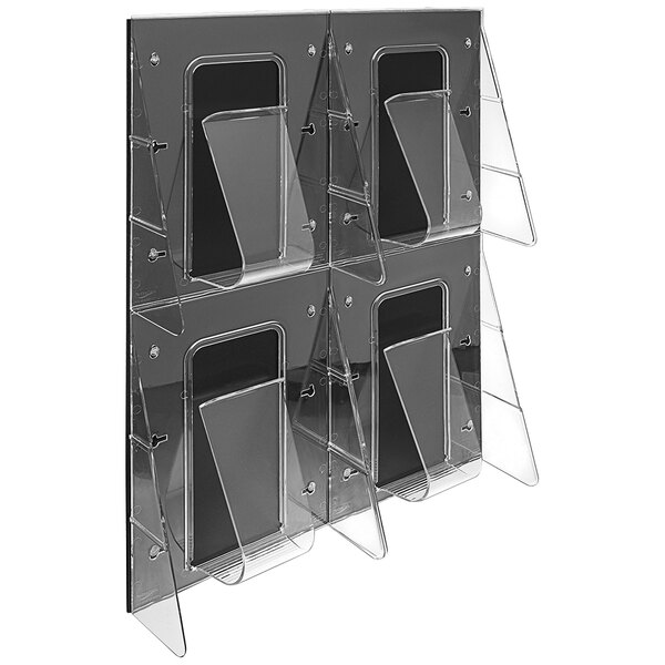 A black Deflecto wall mount magazine rack with four pockets.