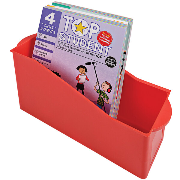 A red Deflecto antimicrobial kids book bin with books inside.