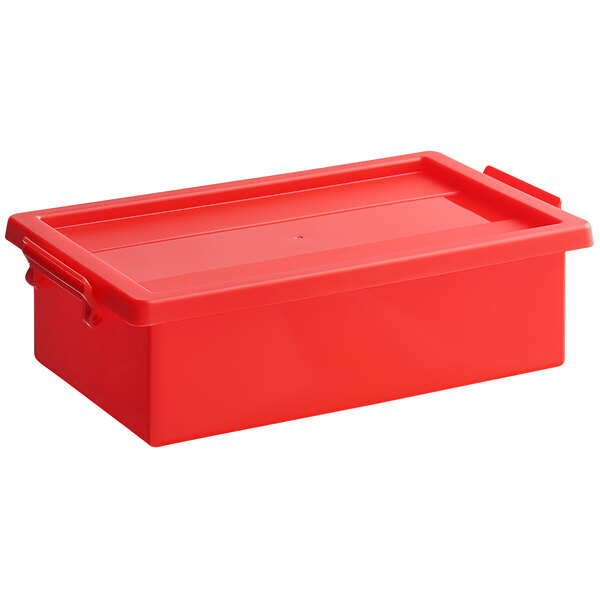 A Deflecto red plastic storage tote with lid.