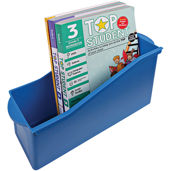 A blue Deflecto kids book bin with books in it.