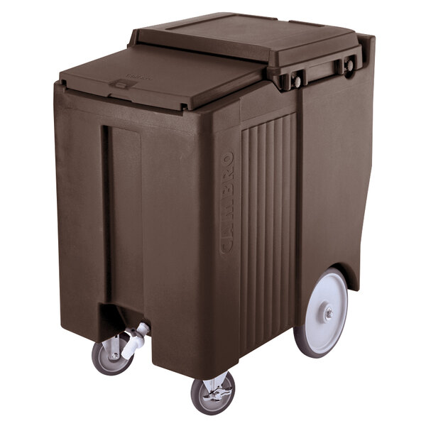 A brown container with wheels.