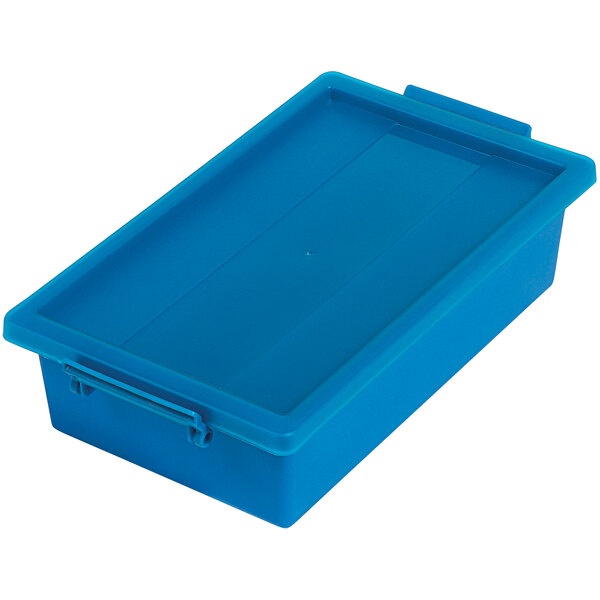 A blue Deflecto plastic storage tote with a lid.