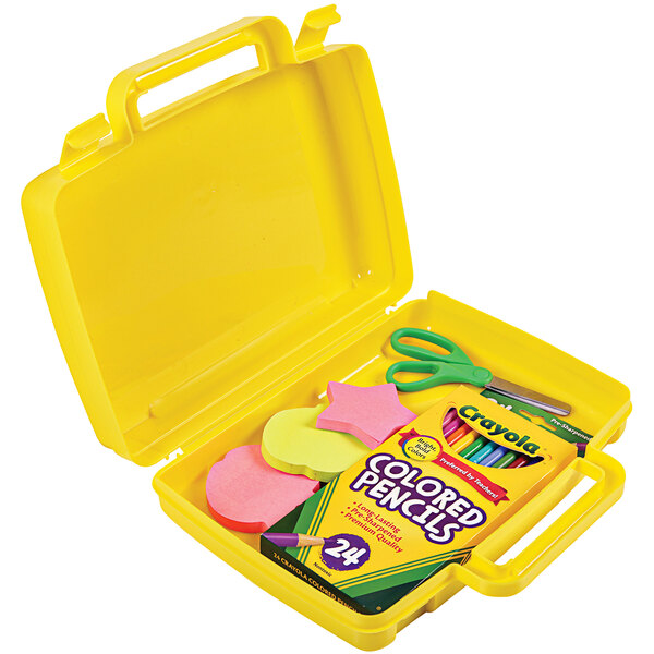 A Deflecto yellow antimicrobial kids storage case with school supplies inside.