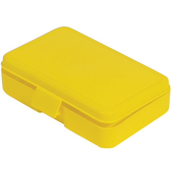 A yellow plastic Deflecto kids pencil box with a lid.