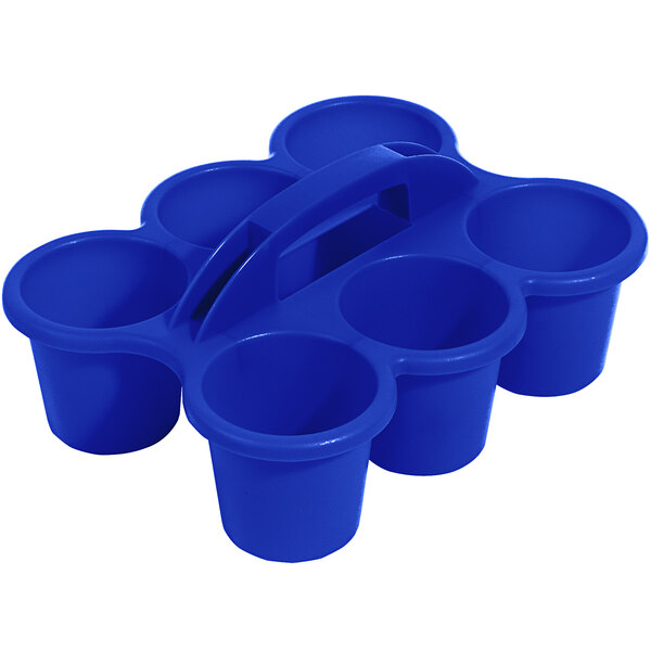 A blue plastic container with six empty cups and handles.