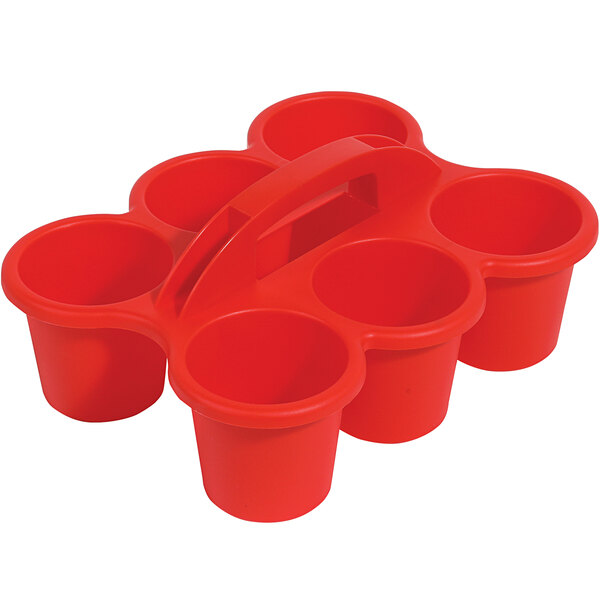 A red plastic Deflecto kids caddy with six cups in four compartments.