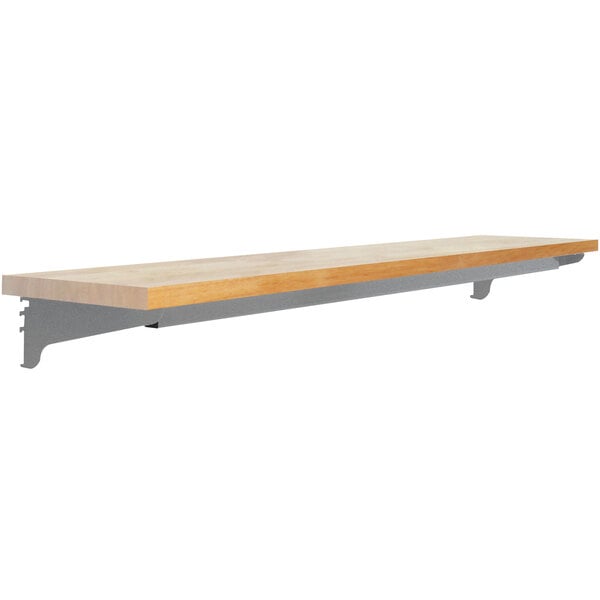 A BenchPro adjustable height wood butcherblock shelf with metal brackets.