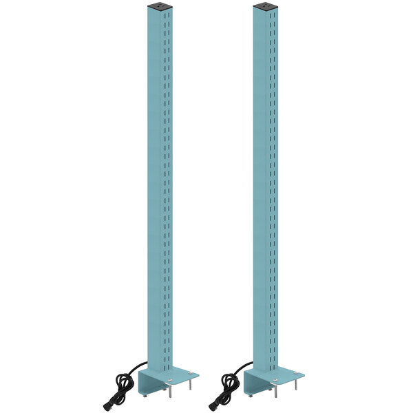 A pair of blue metal BenchPro uprights with power plugs.